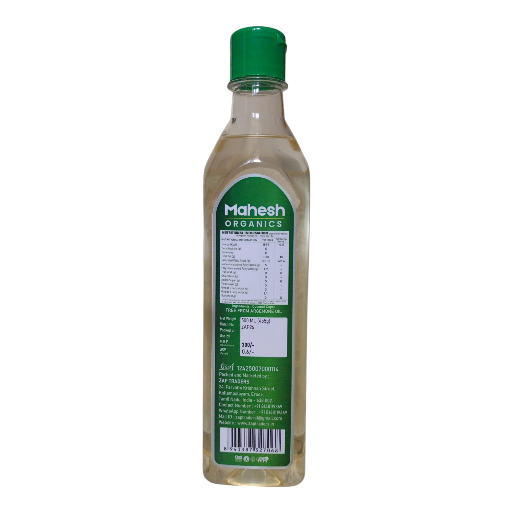 Cold Pressed Coconut Oil 500 ml Bottle